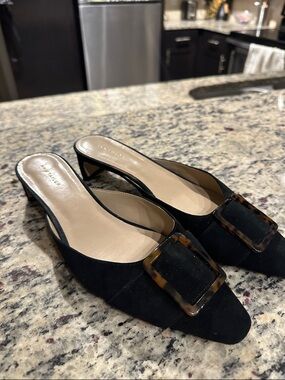 Ann Taylor Black Suede Mule with Tortoiseshell Buckle